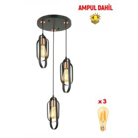 Apliqa Koza 3'lü Bakır Eskitme Led Ampul Dahil Avize