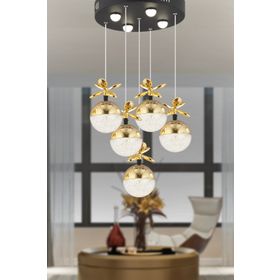 Apliqa Lokken 5'li Sıralı Bakır 42 Watt Kristal Ledli Modern Oturma Odası Salon Sarkıt Avize