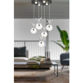 Apliqa Lokken 5'li Sıralı Bakır 42 Watt Kristal Ledli Modern Oturma Odası Salon Sarkıt Avize
