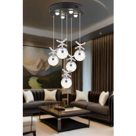 Apliqa Lokken 5'li Sıralı Bakır 42 Watt Kristal Ledli Modern Oturma Odası Salon Sarkıt Avize