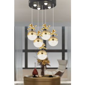Apliqa Lokken 5'li Sıralı Bakır 42 Watt Kristal Ledli Modern Oturma Odası Salon Sarkıt Avize