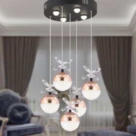 Apliqa Lokken 5'li Yuvarlak 42 Watt Bakır Kristal Ledli Modern Oturma Odası Salon Sarkıt Avize