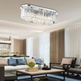 Apliqa Nilüfer Dikdörtgen Krom Kristalli Taşlı Modern Tasarım Yemek Masası Üstü Kristal Salon Avize