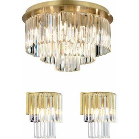 Apliqa Nilüfer Yuvarlak Eskitme 3 Parça Kristalli Taşlı Modern Tasarım Kristal Salon Avize-Aplik Seti