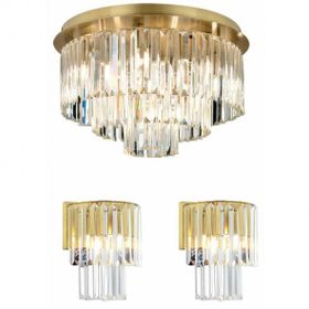 Apliqa Nilüfer Yuvarlak Eskitme 3 Parça Kristalli Taşlı Modern Tasarım Kristal Salon Avize-Aplik Seti