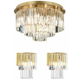 Apliqa Nilüfer Yuvarlak Eskitme 3 Parça Kristalli Taşlı Modern Tasarım Kristal Salon Avize-Aplik Seti
