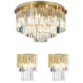 Apliqa Nilüfer Yuvarlak Eskitme 3 Parça Kristalli Taşlı Modern Tasarım Kristal Salon Avize-Aplik Seti