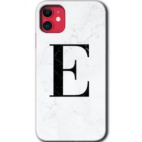 Apple iPhone 11 Beyaz Mermer Desenli E Harfi Baskılı Uyumlu Silikon Kılıf