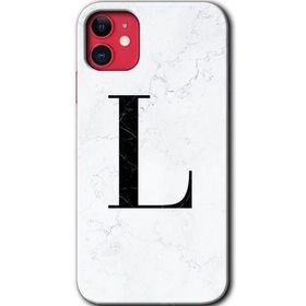 Apple iPhone 11 Beyaz Mermer Desenli L Harfi Baskılı Uyumlu Silikon Kılıf