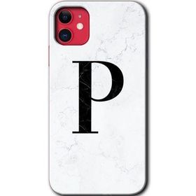 Apple iPhone 11 Beyaz Mermer Desenli P Harfi Baskılı Uyumlu Silikon Kılıf