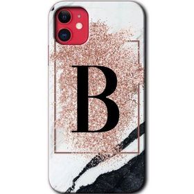 Apple iPhone 11 Pembe Mermer Desenli B Harfi Baskılı Uyumlu Silikon Kılıf