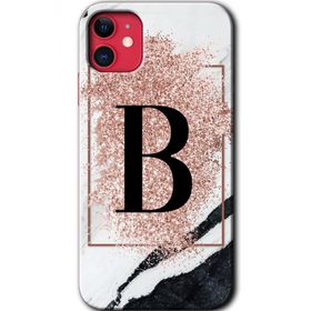 Apple iPhone 11 Pembe Mermer Desenli B Harfi Baskılı Uyumlu Silikon Kılıf