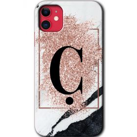 Apple iPhone 11 Pembe Mermer Desenli C Harfi Baskılı Uyumlu Silikon Kılıf