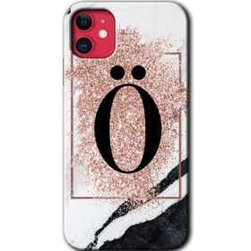 Apple iPhone 11 Pembe Mermer Desenli O Harfi Baskılı Uyumlu Silikon Kılıf