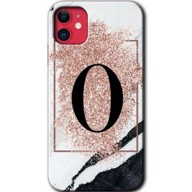 Apple iPhone 11 Pembe Mermer Desenli O Harfi Baskılı Uyumlu Silikon Kılıf