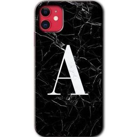 Apple iPhone 11 Siyah Mermer Desenli A Harfi Baskılı Uyumlu Silikon Kılıf