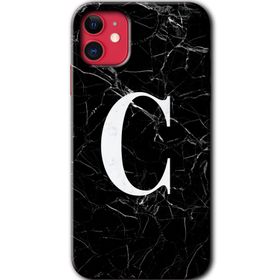 Apple iPhone 11 Siyah Mermer Desenli C Harfi Baskılı Uyumlu Silikon Kılıf