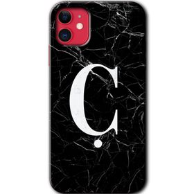 Apple iPhone 11 Siyah Mermer Desenli C Harfi Baskılı Uyumlu Silikon Kılıf