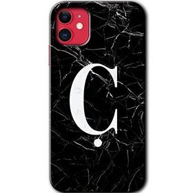 Apple iPhone 11 Siyah Mermer Desenli C Harfi Baskılı Uyumlu Silikon Kılıf