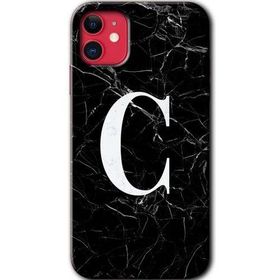 Apple iPhone 11 Siyah Mermer Desenli C Harfi Baskılı Uyumlu Silikon Kılıf