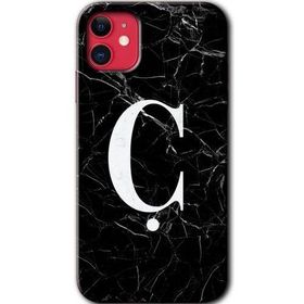 Apple iPhone 11 Siyah Mermer Desenli C Harfi Baskılı Uyumlu Silikon Kılıf