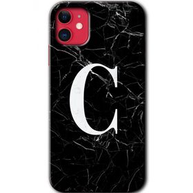Apple iPhone 11 Siyah Mermer Desenli C Harfi Baskılı Uyumlu Silikon Kılıf