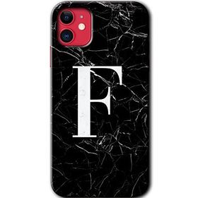 Apple iPhone 11 Siyah Mermer Desenli F Harfi Baskılı Uyumlu Silikon Kılıf