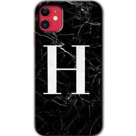 Apple iPhone 11 Siyah Mermer Desenli H Harfi Baskılı Uyumlu Silikon Kılıf
