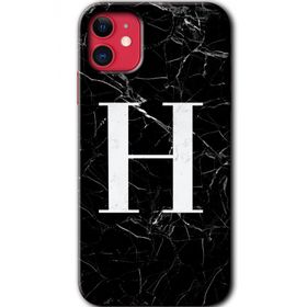 Apple iPhone 11 Siyah Mermer Desenli H Harfi Baskılı Uyumlu Silikon Kılıf
