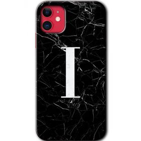 Apple iPhone 11 Siyah Mermer Desenli İ Harfi Baskılı Uyumlu Silikon Kılıf