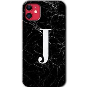 Apple iPhone 11 Siyah Mermer Desenli J Harfi Baskılı Uyumlu Silikon Kılıf