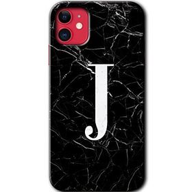 Apple iPhone 11 Siyah Mermer Desenli J Harfi Baskılı Uyumlu Silikon Kılıf