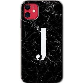 Apple iPhone 11 Siyah Mermer Desenli J Harfi Baskılı Uyumlu Silikon Kılıf
