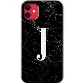Apple iPhone 11 Siyah Mermer Desenli J Harfi Baskılı Uyumlu Silikon Kılıf