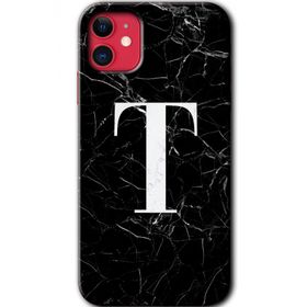 Apple iPhone 11 Siyah Mermer Desenli T Harfi Baskılı Uyumlu Silikon Kılıf