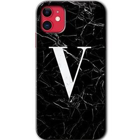 Apple iPhone 11 Siyah Mermer Desenli V Harfi Baskılı Uyumlu Silikon Kılıf
