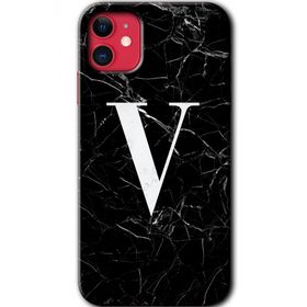 Apple iPhone 11 Siyah Mermer Desenli V Harfi Baskılı Uyumlu Silikon Kılıf