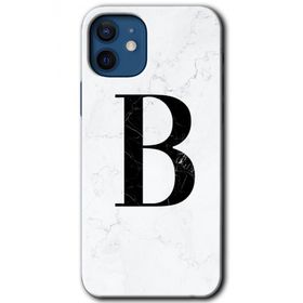 Apple iPhone 12 Beyaz Mermer Desenli B Harfi Baskılı Uyumlu Silikon Kılıf