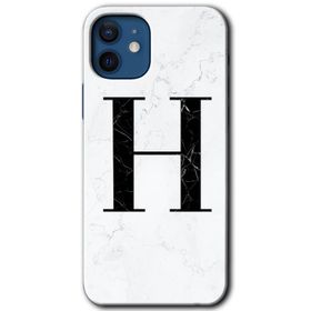 Apple iPhone 12 Beyaz Mermer Desenli D Harfi Baskılı Uyumlu Silikon Kılıf