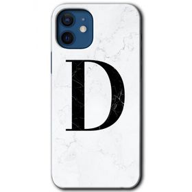 Apple iPhone 12 Beyaz Mermer Desenli D Harfi Baskılı Uyumlu Silikon Kılıf
