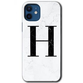 Apple iPhone 12 Beyaz Mermer Desenli H Harfi Baskılı Uyumlu Silikon Kılıf