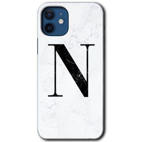 Apple iPhone 12 Beyaz Mermer Desenli N Harfi Baskılı Uyumlu Silikon Kılıf