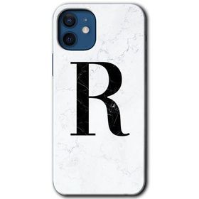 Apple iPhone 12 Beyaz Mermer Desenli R Harfi Baskılı Uyumlu Silikon Kılıf