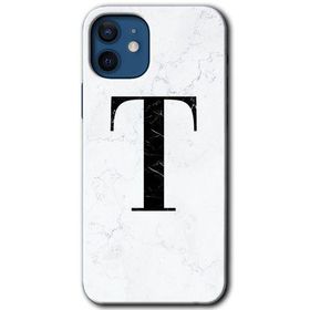 Apple iPhone 12 Beyaz Mermer Desenli T Harfi Baskılı Uyumlu Silikon Kılıf