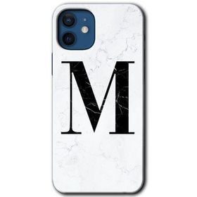 Apple iPhone 12 Mini Beyaz Mermer Desenli M Harfi Baskılı Uyumlu Silikon Kılıf