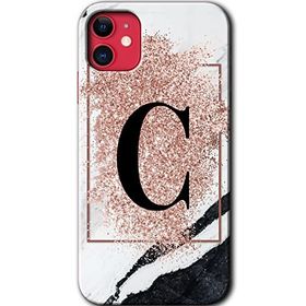 Apple iPhone 12 Mini Pembe Mermer Desenli C Harfi Baskılı Uyumlu Silikon Kılıf