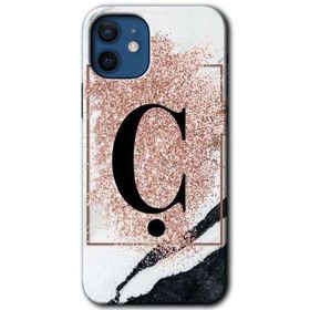 Apple iPhone 12 Mini Pembe Mermer Desenli C Harfi Baskılı Uyumlu Silikon Kılıf