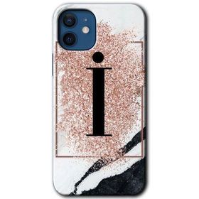 Apple iPhone 12 Mini Pembe Mermer Desenli I Harfi Baskılı Uyumlu Silikon Kılıf