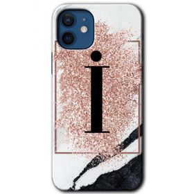 Apple iPhone 12 Mini Pembe Mermer Desenli I Harfi Baskılı Uyumlu Silikon Kılıf