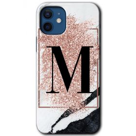 Apple iPhone 12 Mini Pembe Mermer Desenli M Harfi Baskılı Uyumlu Silikon Kılıf